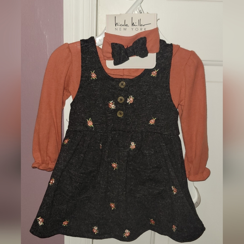Nicole Miller toddler girls grey and rust colored 3 piece gray and floral dress